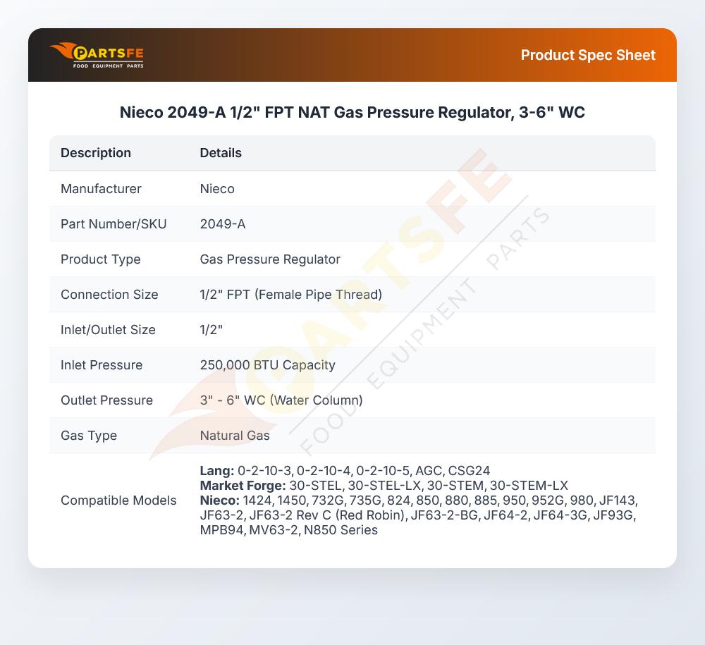 Nieco 2049-A 1/2" FPT NAT Gas Pressure Regulator, 3-6" WC