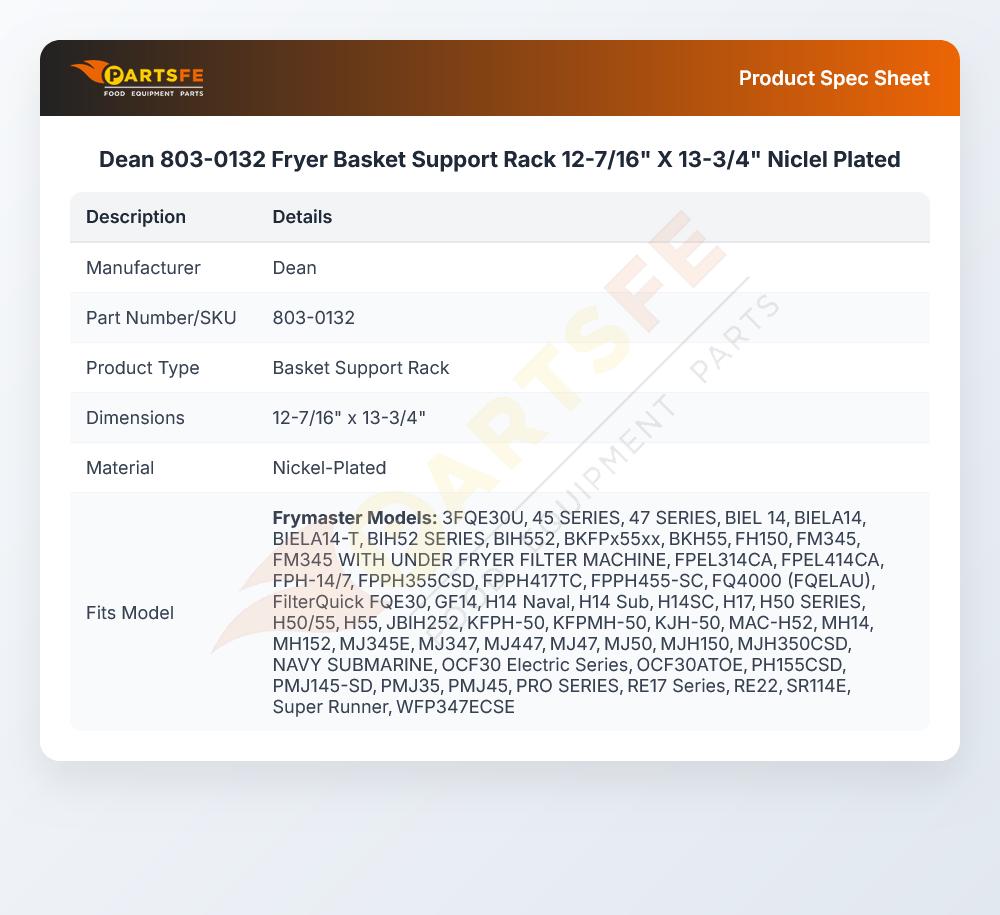 Dean 803-0132 Fryer Basket Support Rack 12-7/16" X 13-3/4" Niclel Plated