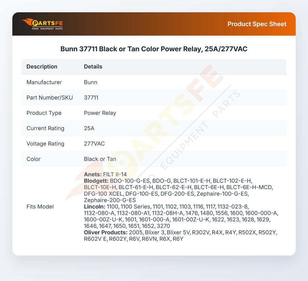 Bunn 37711 Black or Tan Color Power Relay, 25A/277VAC