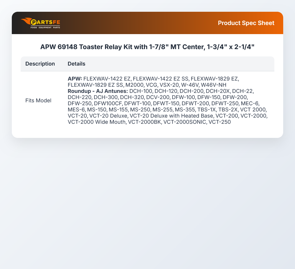 APW 69148 Toaster Relay Kit with 1-7/8" MT Center, 1-3/4" x 2-1/4"