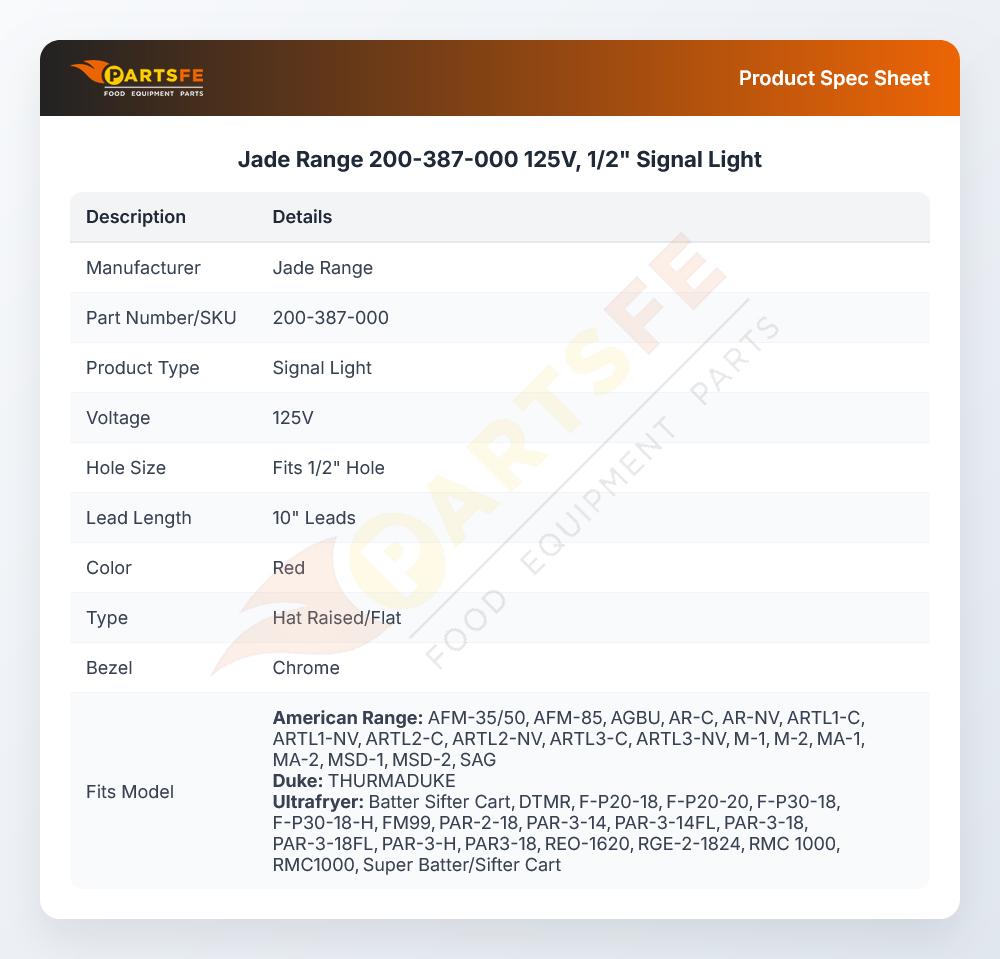 Jade Range 200-387-000 125V, 1/2" Signal Light