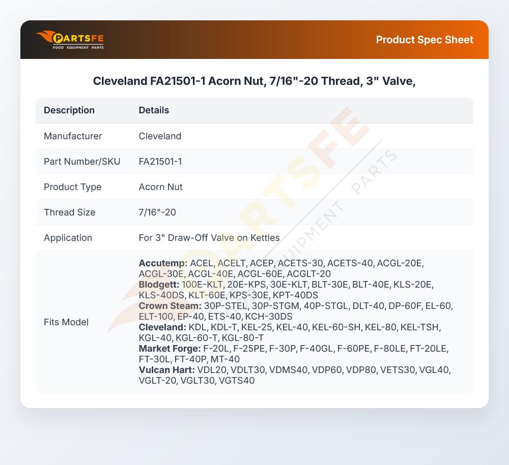 Cleveland FA21501-1 Acorn Nut, 7/16"-20 Thread, 3" Valve,