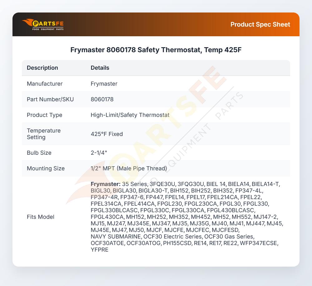 Frymaster 8060178 Fryer High-Limit/Safety Thermostat Kit 425&deg;F 2-1/4" Bulb 1/2" MPT