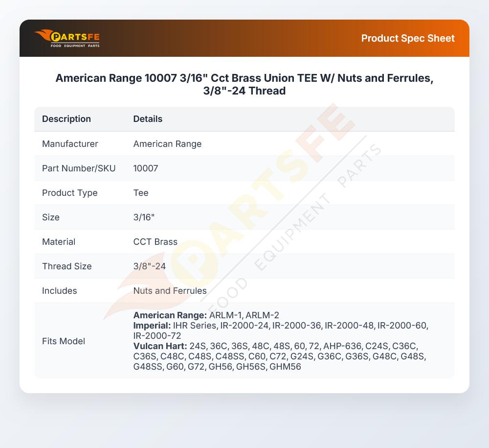 American Range 10007 3/16" Cct Brass Union TEE W/ Nuts and Ferrules, 3/8"-24 Thread
