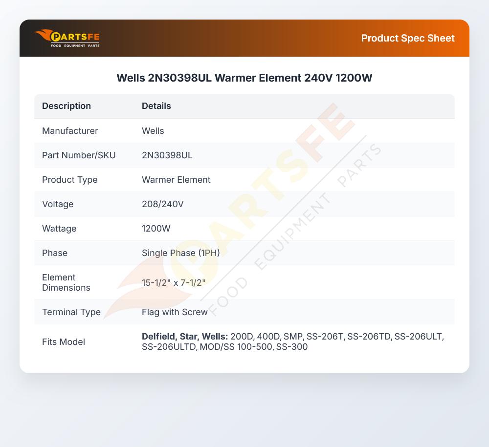 Wells 2N30398UL Warmer Element 240V 1200W