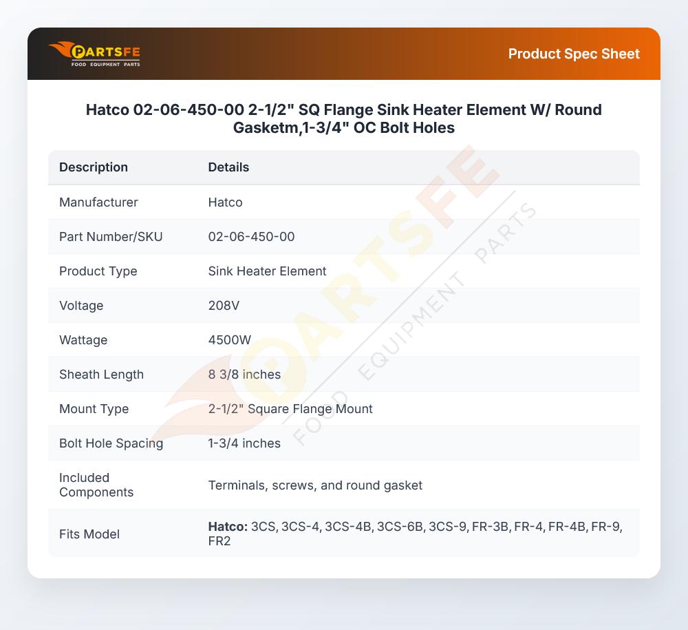 Hatco 02-06-450-00 2-1/2" SQ Flange Sink Heater Element W/ Round Gasketm,1-3/4" OC Bolt Holes