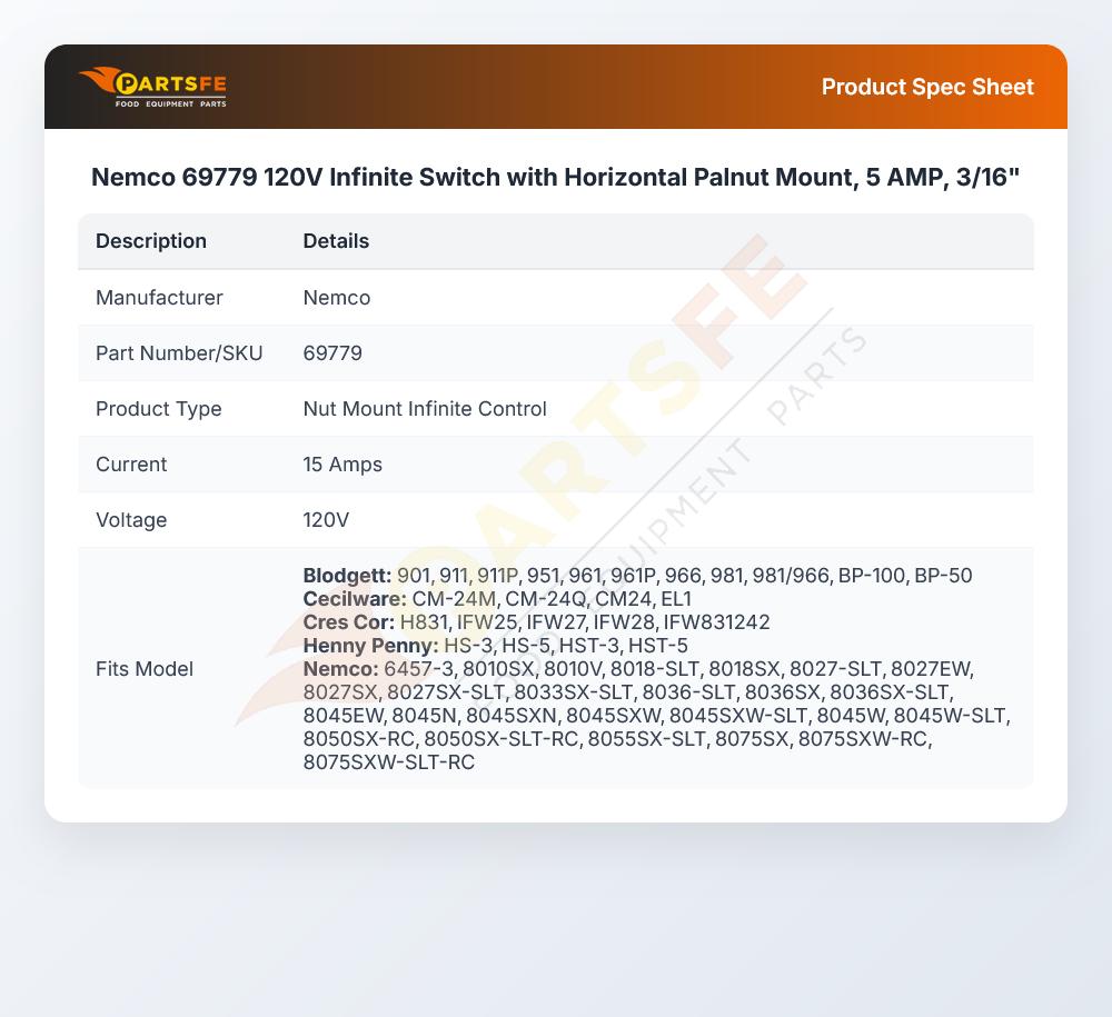 Nemco 69779 120V Infinite Switch with Horizontal Palnut Mount, 5 AMP, 3/16"