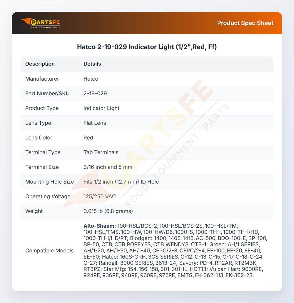Hatco 2-19-029 Indicator Light (1/2",Red, Ff)