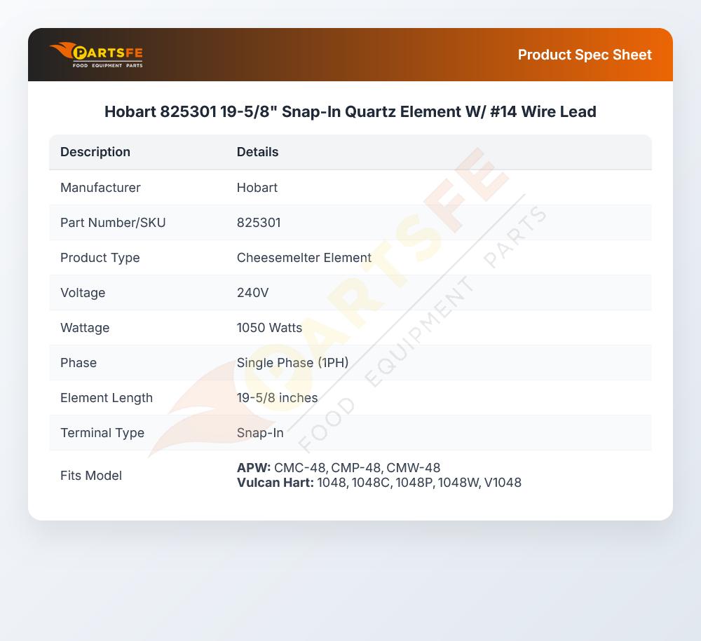 Hobart 825301 Quartz Element 19-5/8" 1050W 240V Snap-In