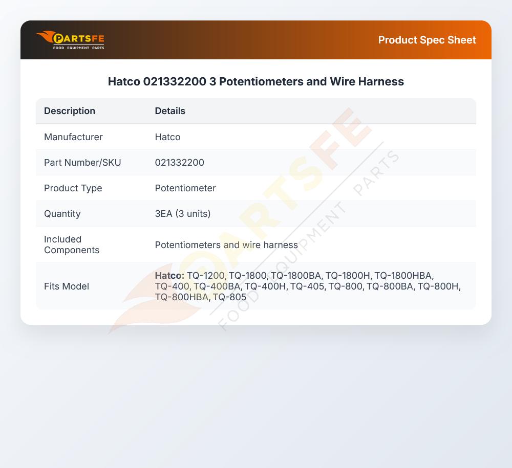 Hatco 021332200 3 Potentiometers and Wire Harness