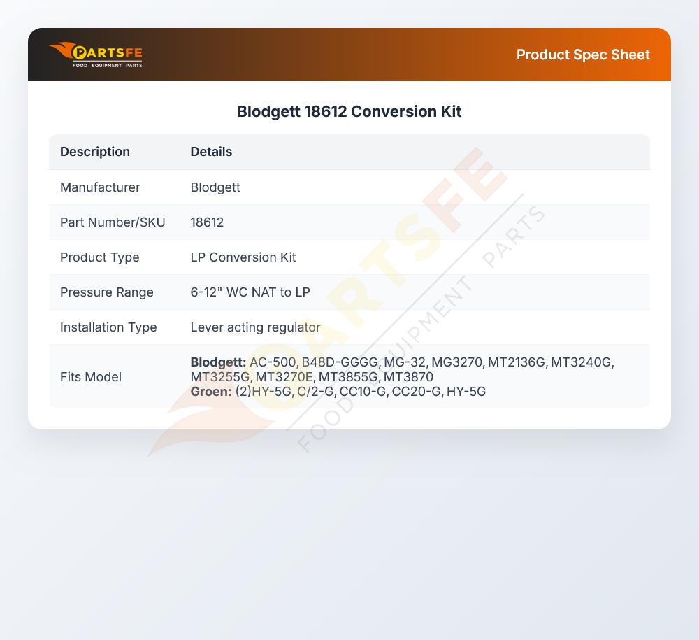 Blodgett 18612 Conversion Kit Natural Gas To LP