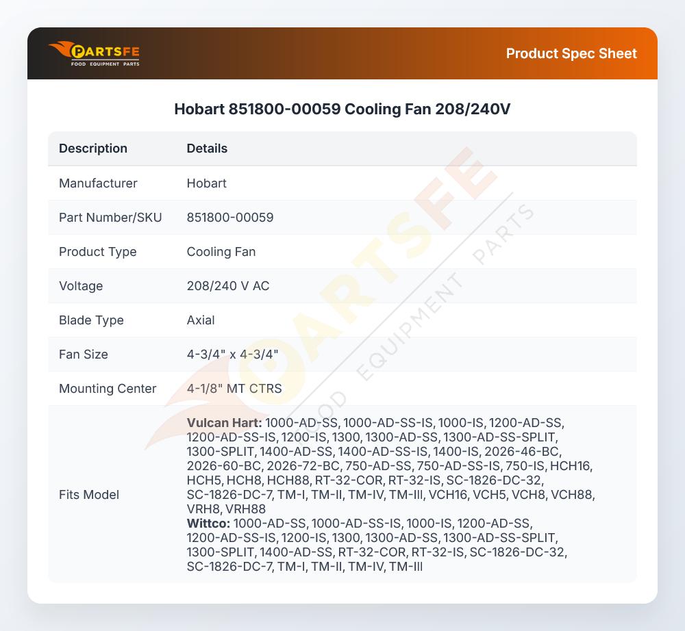 Hobart 851800-00059 Holding Cabinet Cooling Fan 208/240V