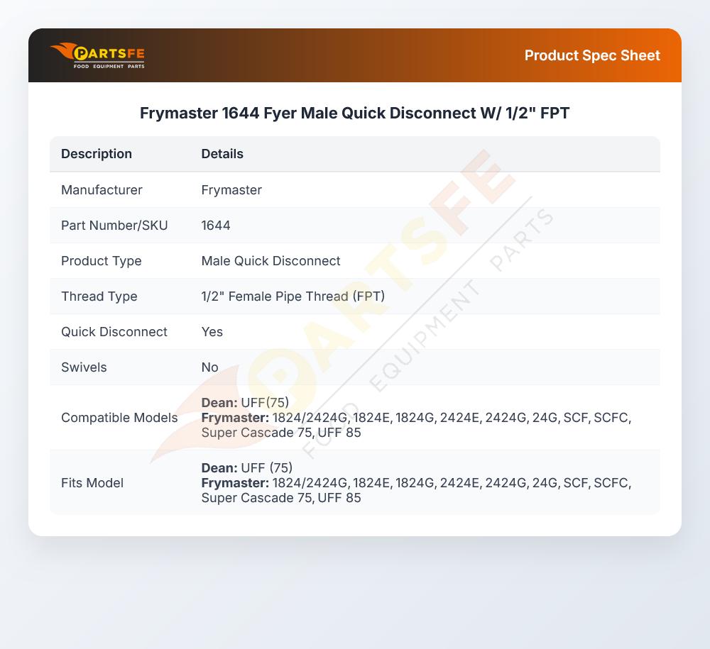 Frymaster 1644 Fyer Male Quick Disconnect W/ 1/2" FPT