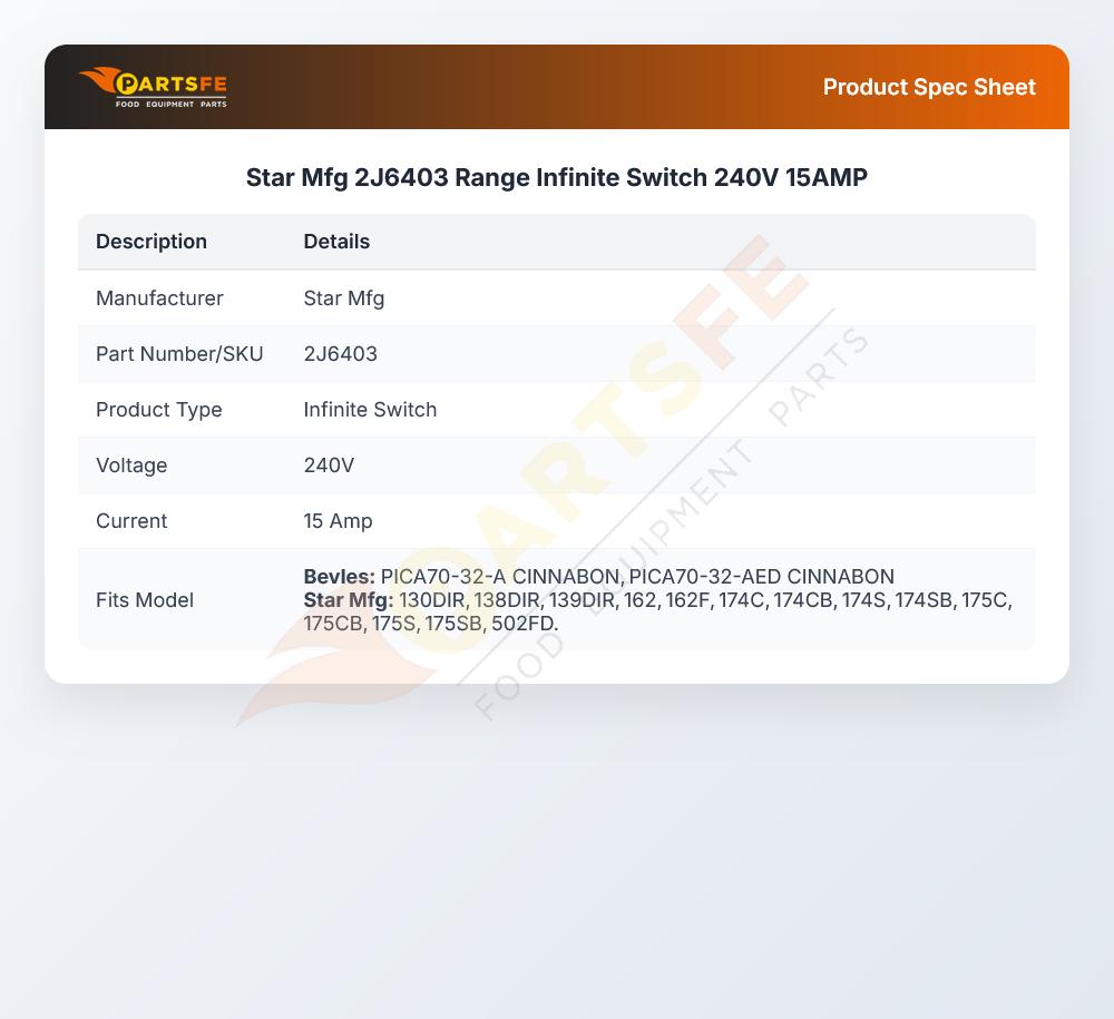 Star Mfg 2J6403 Range Infinite Switch 240V 15AMP