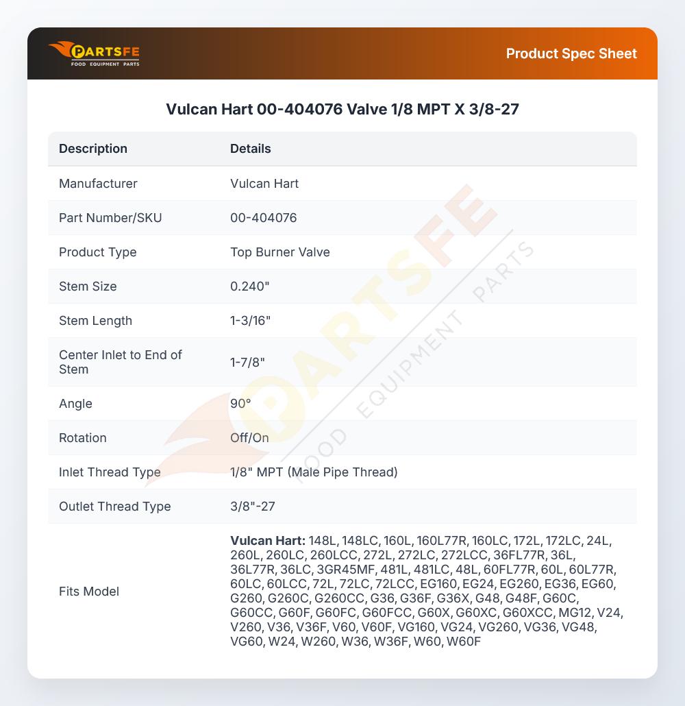 Vulcan Hart 00-404076 Valve 1/8 MPT X 3/8-27