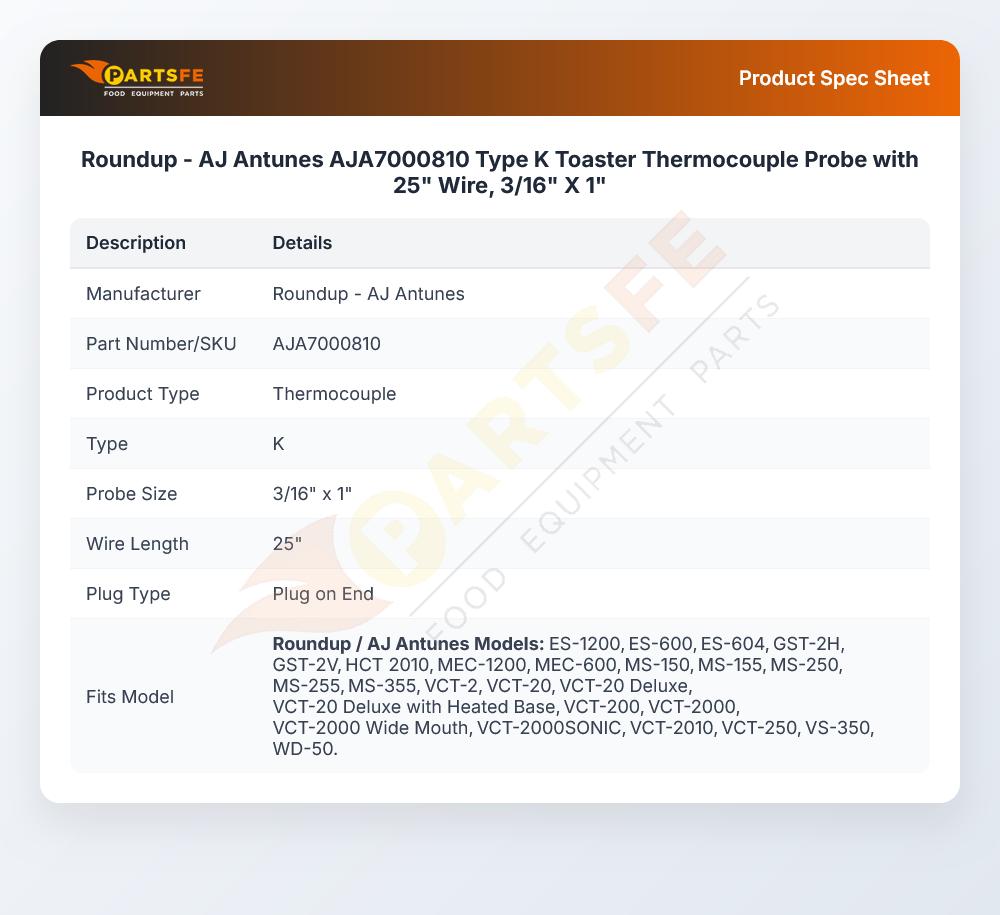 Roundup - AJ Antunes AJA7000810 Thermocouple Probe W/25" Wire 3/16" X 1" Type K
