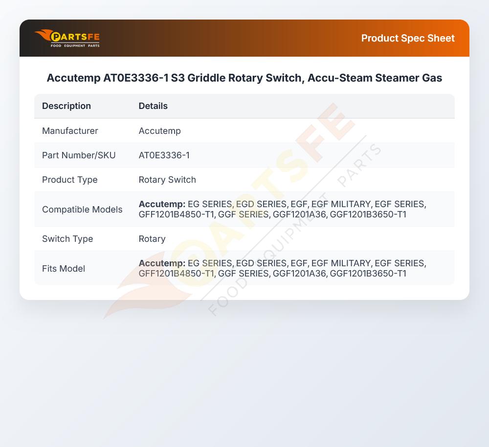 Accutemp AT0E3336-1 S3 Griddle Rotary Switch, Accu-Steam Steamer Gas