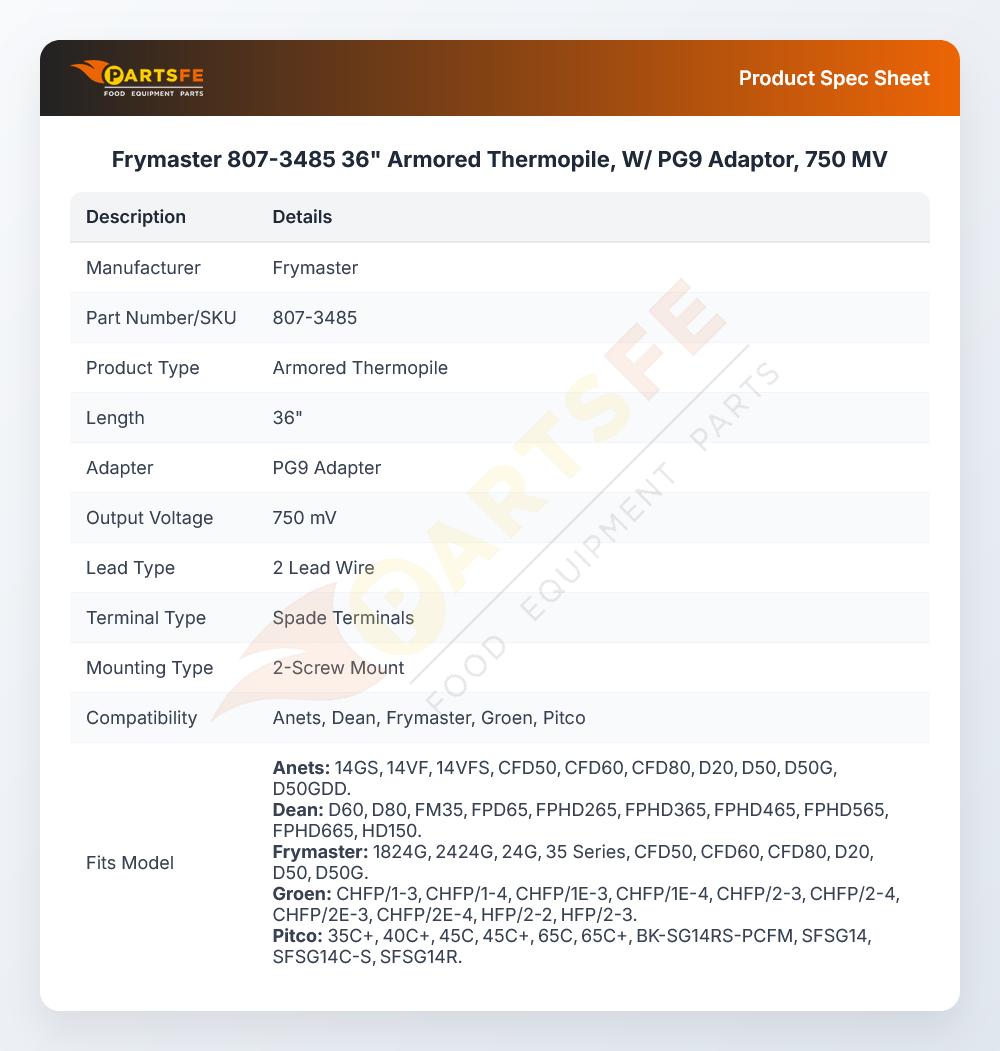 Frymaster 807-3485 36" Armored Thermopile, W/ PG9  Adaptor, 750 MV