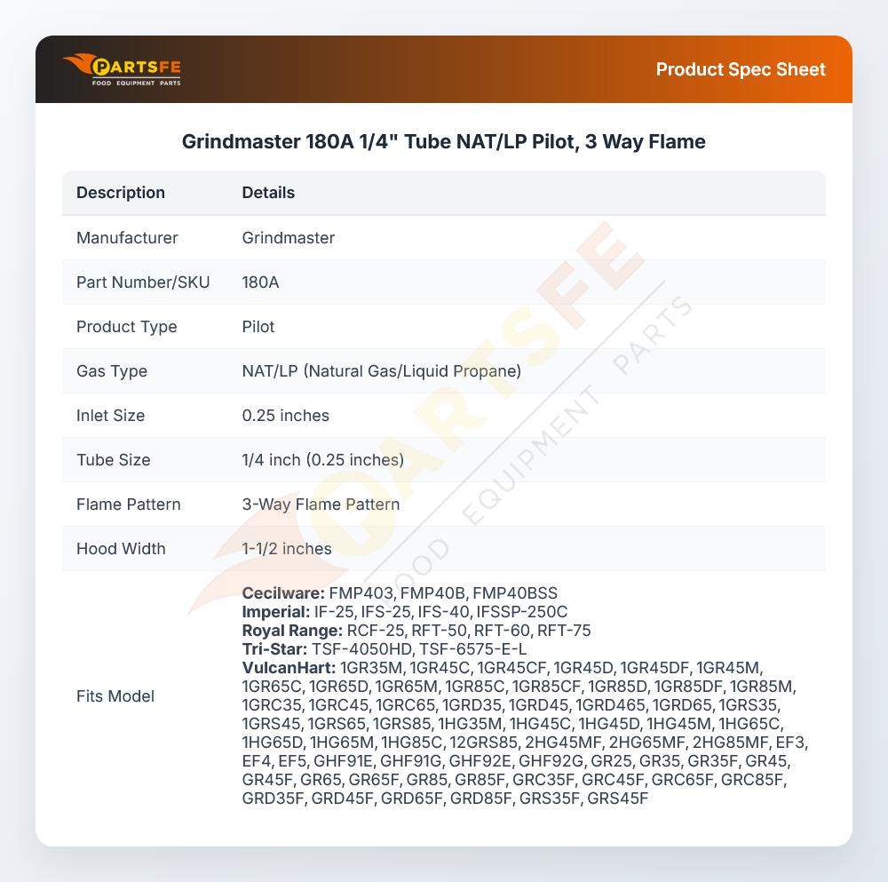 Grindmaster 180A 1/4" Tube NAT/LP Pilot, 3 Way Flame