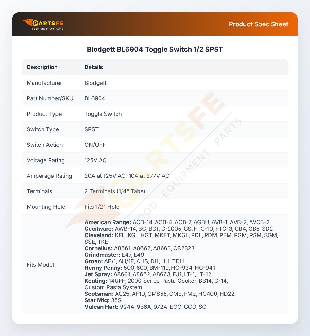Blodgett BL6904 Toggle Switch 1/2 SPST