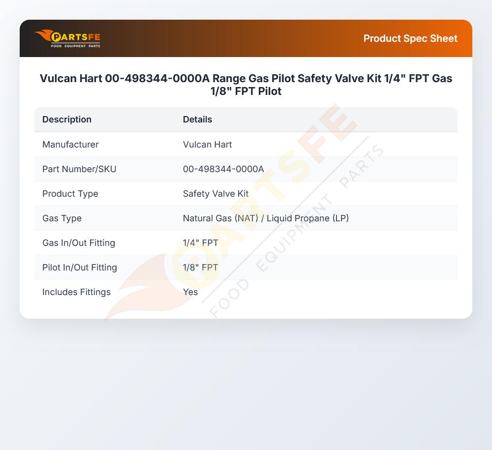 Vulcan Hart 00-498344-0000A Range Gas Pilot Safety Valve Kit 1/4" FPT Gas 1/8" FPT Pilot