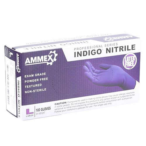 Allpoints 8014538 Indigo Nitrile Exam Gloves, Box of 100, Powder-Free, Size Large