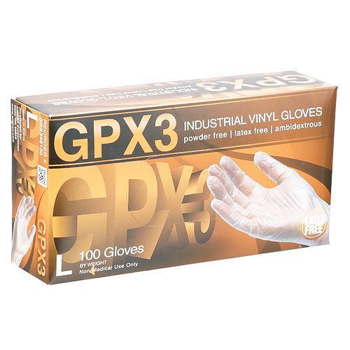 Allpoints 8014545 GPX3 Vinyl Gloves, Box of 100, Powder-Free, Clear, Size L