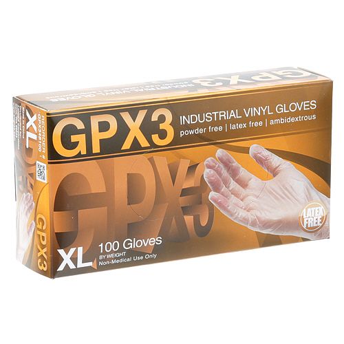 Allpoints 8014546 GPX3 Vinyl Gloves, Box of 100, Powder-Free, Clear, Size XL
