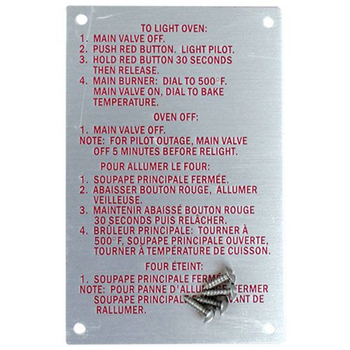 Blodgett 20326 Instruction Plate