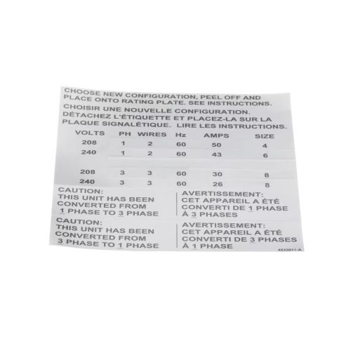 Garland 4533009 Decal/Label Electrical/Phase Conversion English/French