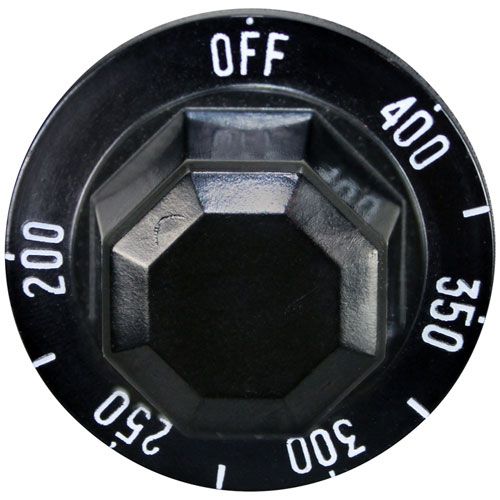 Hobart 421722-1 Black Thermostat Knob W/White Printed Numbers, 2" DIA, OFF-400-200F, Mount .187", Flat Down