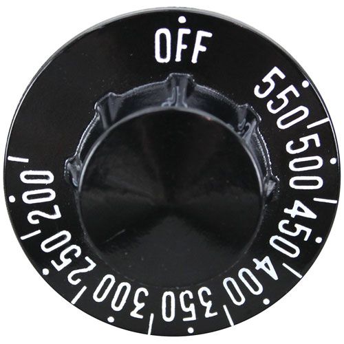 Pitco 60159801C Black Printed Knob, 2-1/4 DIA, OFF-550-200F, Mount .187", Position D